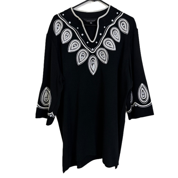Ming Wang Tunic Top Womens 2X Black White Embroidered Beaded Embelished V Neck * - Picture 1 of 10